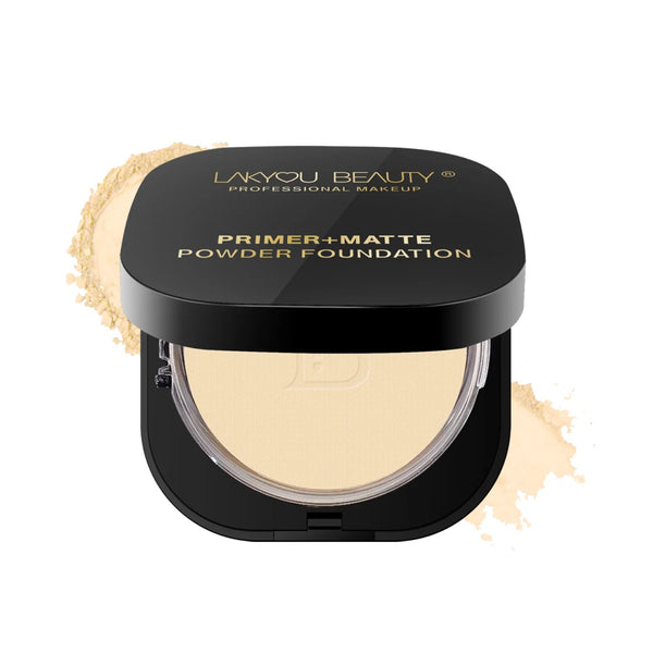 LAKYOU BEAUTY Primer + Matte Powder Foundation | 2-in-1 Compact for Flawless Matte Finish